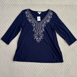 J. Jill Embroidered Knit Tunic Top Navy Blue 3/4 Sleeve MP NWT Boho Coastal Soft